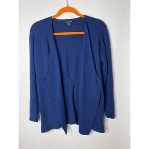 Eileen Fisher 100% Wool Ribbed Detail Waterfall Open Front Cardigan Blue X-Large